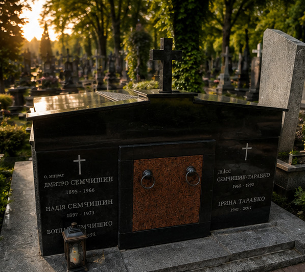 Гробівець із чорного граніту з поховальною нішею
