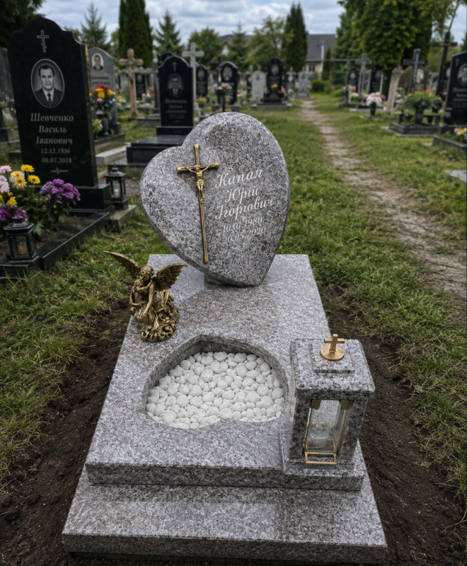 Гранітний пам’ятник із серцем та бронзовим хрестом